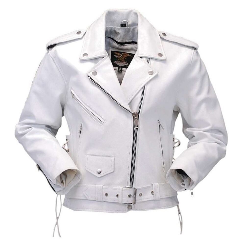NEW 90s JAMIN LEATHER Womens XS Heavy Leather Jacket Moto Riding Biker WHITE